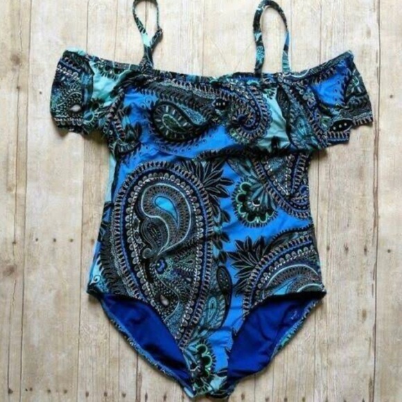 Jantzen blue off shoulder one pc paisley pattern bathing suit sz 10 - Picture 4 of 5